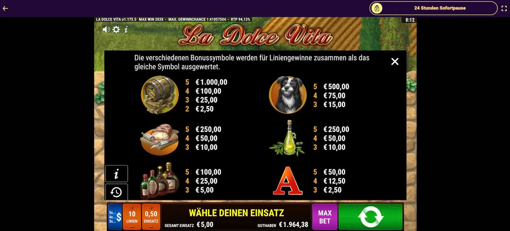 la-dolce-vita-auszahlungstabelle